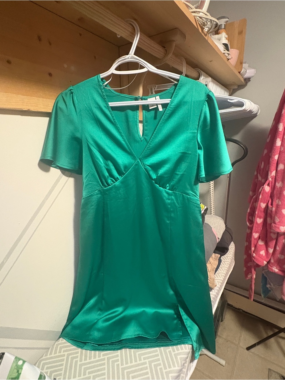twik Satin Emerald Green V-Neck Flutter Sleeve Dress